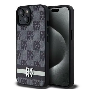 DKNY PU Leather Checkered Pattern and Stripe Zadní Kryt pro Apple iPhone 15 černá