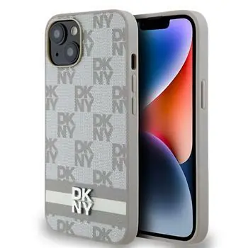 DKNY PU Leather Checkered Pattern and Stripe Zadní Kryt pro Apple iPhone 15 béžová