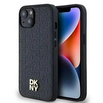 DKNY PU Leather Repeat Pattern Stack Logo Magsafe Zadní Kryt pro Apple iPhone 15 černá