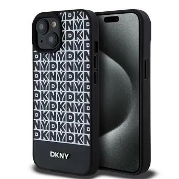 DKNY PU Leather Repeat Pattern Bottom Stripe MagSafe Zadní Kryt pro Apple iPhone 15 černá