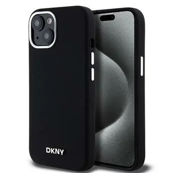 DKNY Liquid Silicone Silver Metal Logo Magsafe Zadní Kryt pro Apple iPhone 15 černá