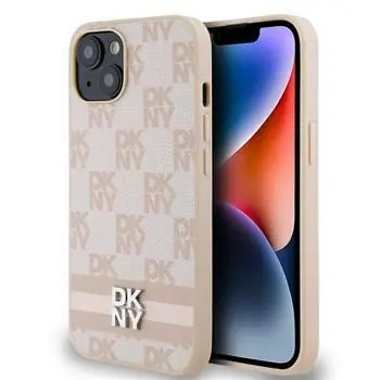DKNY PU Leather Checkered Pattern and Stripe Zadní Kryt pro Apple iPhone 14 růžová