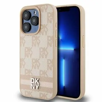 DKNY PU Leather Checkered Pattern and Stripe Zadní Kryt pro Apple iPhone 13 Pro růžová
