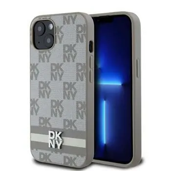 DKNY PU Leather Checkered Pattern and Stripe Zadní Kryt pro Apple iPhone 13 béžová