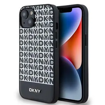 DKNY PU Leather Repeat Pattern Bottom Stripe MagSafe Zadní Kryt pro Apple iPhone 13 černá