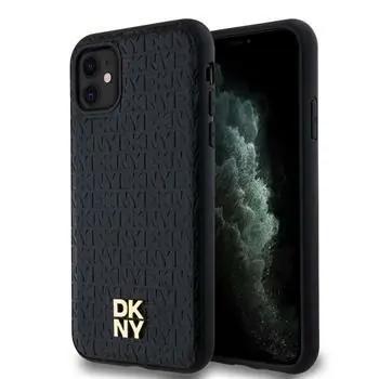 DKNY PU Leather Repeat Pattern Stack Logo Magsafe Zadní Kryt pro Apple iPhone 11 černá