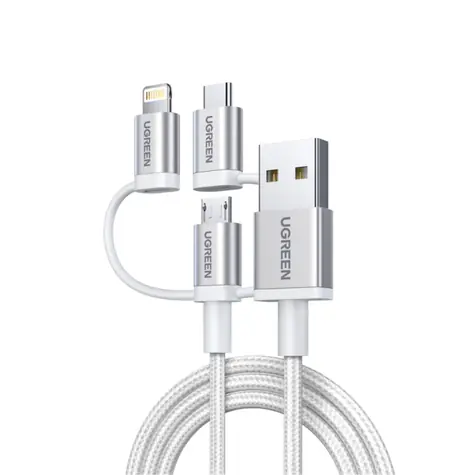 UGREEN US186 Nabíjecí kabel 3v1 USB-A - USB-C/Lightning/microUSB 1.5 m bílá / QC3.0