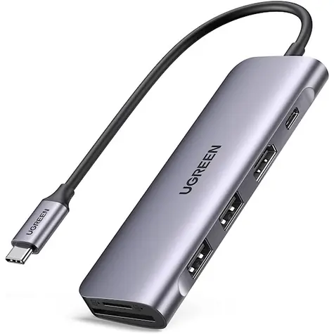 UGREEN CM195 USB Hub 6v1 USB-C šedá / 2x USB-A 3.0 / 1x HDMI (4K) / 1x USB-C (PD) / SD/microSD 