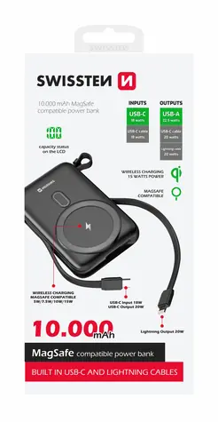SWISSTEN 22013933 POWER BANK 10000 mAh černá / Power Bank / 22.5W / USB-C & USB & Lightning / Qi