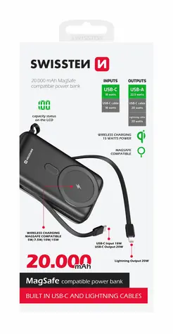 SWISSTEN 22013934 POWER BANK 20000 mAh černá / Power Bank / 22.5W / USB-C & USB & Lightning / Qi
