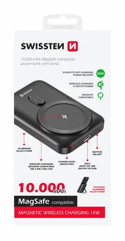 SWISSTEN 22013974 POWER BANK 10000 mAh černá / Power Bank / 20W / USB-C / Qi