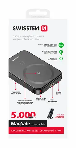 SWISSTEN 22013975 POWER BANK 5000 mAh černá / Power Bank / 20W / USB-C / Qi