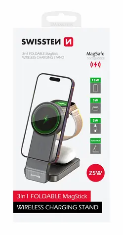 SWISSTEN Skládací bezdrátová nabíječka Magfold 3v1 25W černá