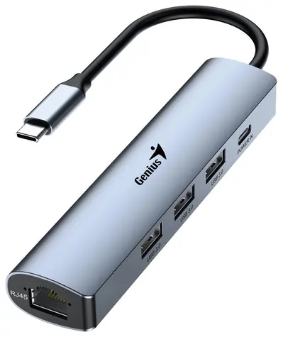 Genius UH-545 šedá / USB Hub / USB-C / 3x USB-A 3.0 / RJ45 1Gbps