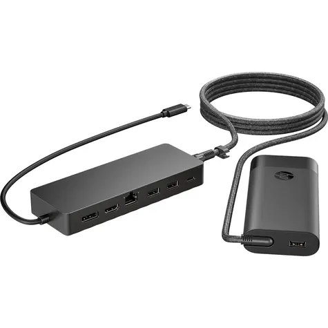 HP Universal USB-C Hub + Laptop Charger černá / USB Hub s nabíječkou / 2x USB-A / 2x USB-C / RJ45 / HDMI / DP