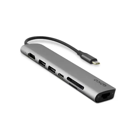 Epico Hub 7v1 šedá / 2x USB-A / USB-C / HDMI 8K / microSD/SD / RJ45