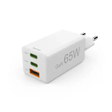 Hama GaN USB nabíječka 65W bílá / 2x USB-C / USB / PD / QC / 65W