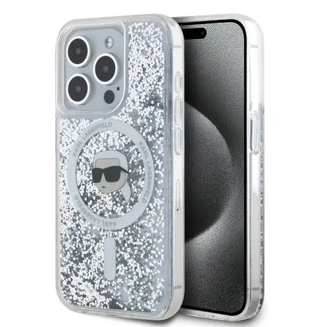 Karl Lagerfeld Liquid Glitter Karl Head MagSafe Zadní Kryt pro Apple iPhone 15 Pro Max čirá