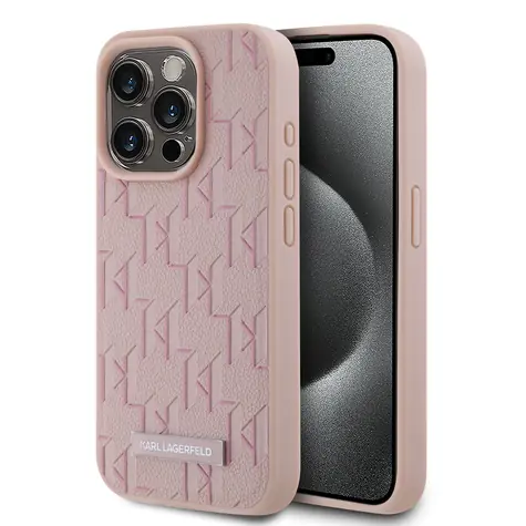Karl Lagerfeld PU Leather Monogram Metal Logo Magsafe Zadní Kryt pro Apple iPhone 15 Pro Max růžová