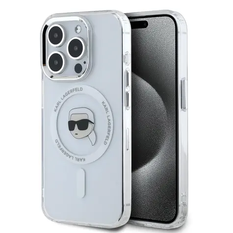 Karl Lagerfeld IML Karl Head Metal Frame MagSafe Zadní Kryt pro Apple iPhone 15 Pro Max čirá