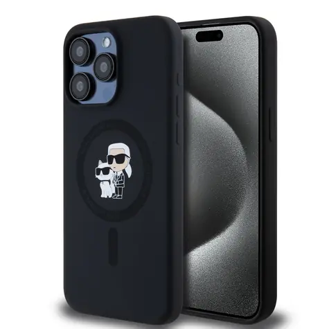 Karl Lagerfeld Liquid Silicone Karl and Choupette Magsafe Zadní Kryt pro Apple iPhone 15 Pro Max černá