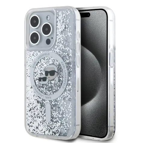 Karl Lagerfeld Liquid Glitter Choupette Head MagSafe Zadní Kryt pro Apple iPhone 15 Pro čirá