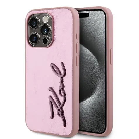 Karl Lagerfeld Wrinkled PU Signature Logo Zadní Kryt pro Apple iPhone 15 Pro růžová