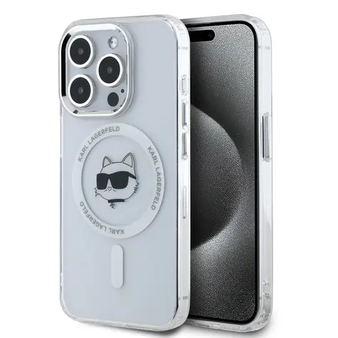 Karl Lagerfeld IML Choupette Head Metal Frame MagSafe Zadní Kryt pro Apple iPhone 15 Pro čirá