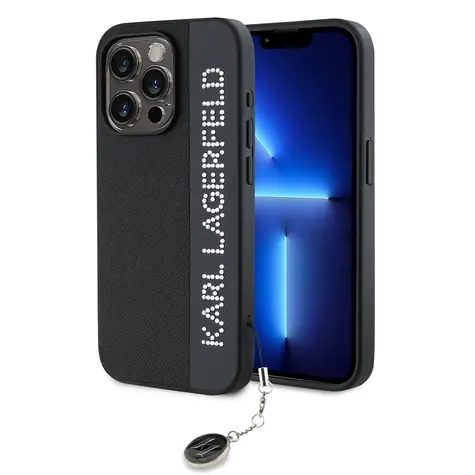 Karl Lagerfeld PU Saffiano Rhinestone Charm Zadní Kryt pro Apple iPhone 15 Pro černá