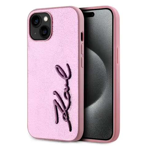 Karl Lagerfeld Wrinkled PU Signature Logo Zadní Kryt pro Apple iPhone 15 růžová