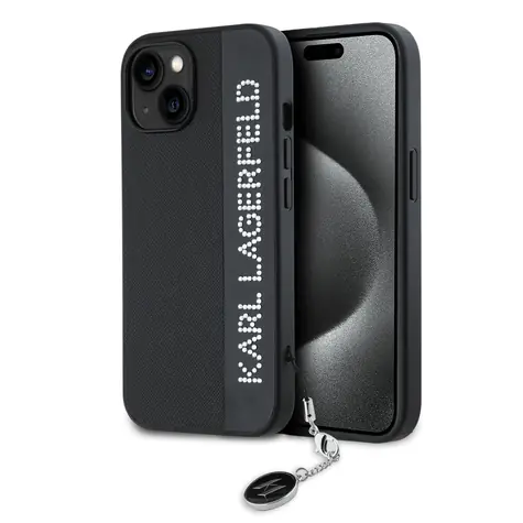 Karl Lagerfeld PU Saffiano Rhinestone Charm Zadní Kryt pro Apple iPhone 15 černá