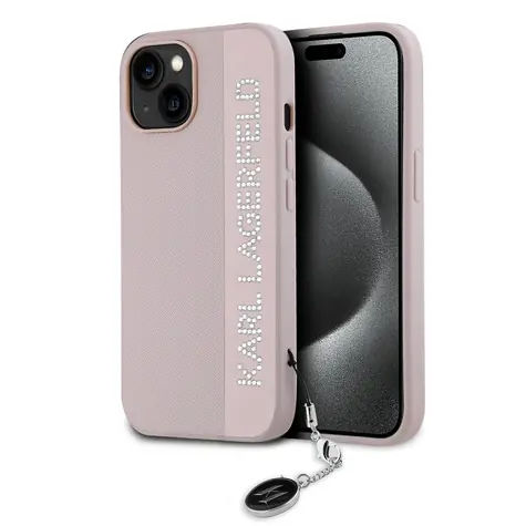 Karl Lagerfeld PU Saffiano Rhinestone Charm Zadní Kryt pro Apple iPhone 15 růžová