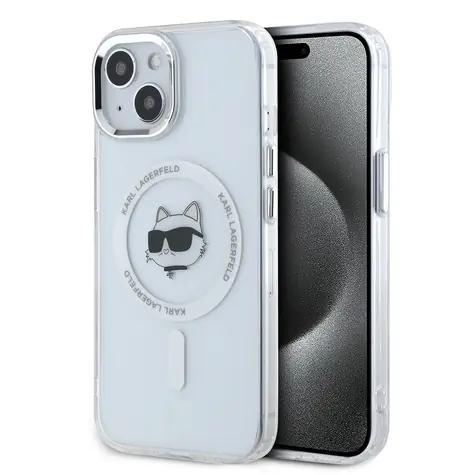 Karl Lagerfeld IML Choupette Head Metal Frame MagSafe Zadní Kryt pro Apple iPhone 15 čirá