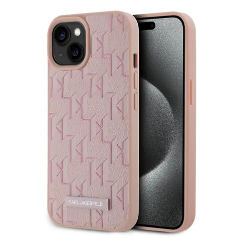 Karl Lagerfeld PU Leather Monogram Metal Logo Magsafe Zadní Kryt pro Apple iPhone 15 růžová