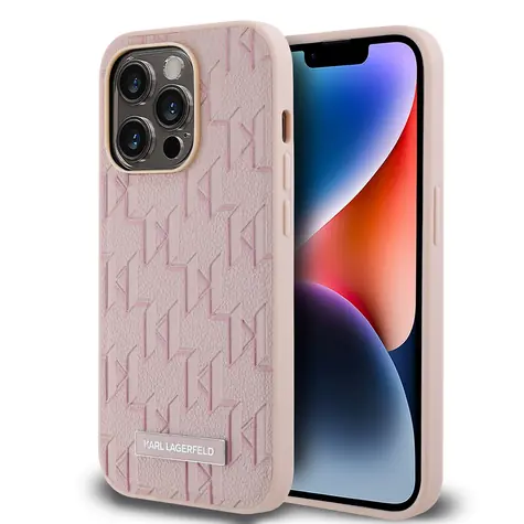 Karl Lagerfeld PU Leather Monogram Metal Logo Magsafe Zadní Kryt pro Apple iPhone 14 Pro Max růžová