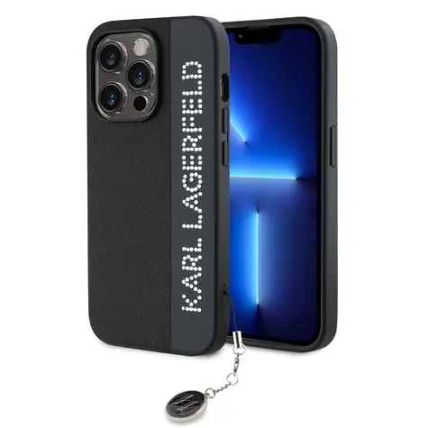Karl Lagerfeld PU Saffiano Rhinestone Charm Zadní Kryt pro Apple iPhone 14 Pro černá