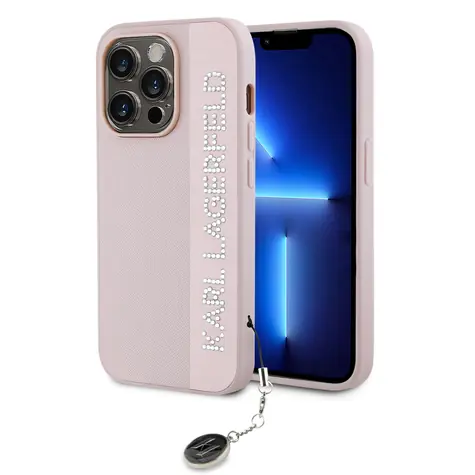 Karl Lagerfeld PU Saffiano Rhinestone Charm Zadní Kryt pro Apple iPhone 14 Pro růžová