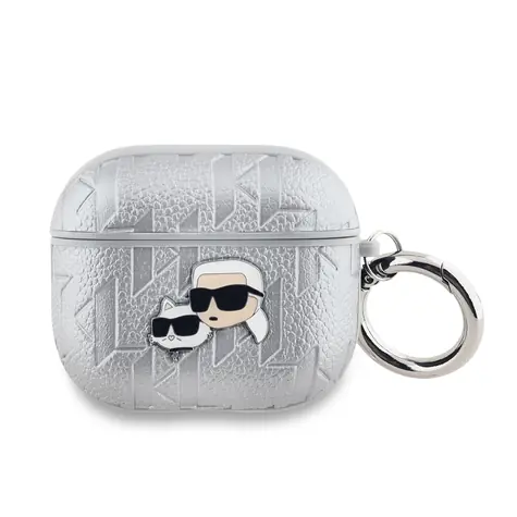 Karl Lagerfeld PU Embossed Karl and Choupette Heads Pouzdro pro Apple AirPods 3 stříbrná