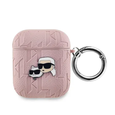 Karl Lagerfeld PU Embossed Karl and Choupette Heads Pouzdro pro Apple AirPods 1/2 růžová