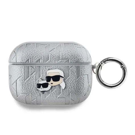 Karl Lagerfeld PU Embossed Karl and Choupette Heads Pouzdro pro Apple AirPods Pro stříbrná