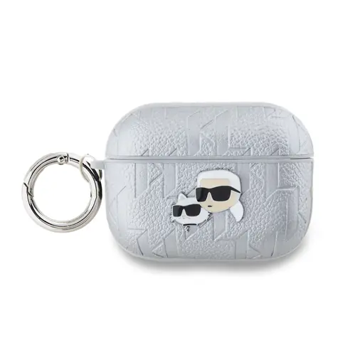 Karl Lagerfeld PU Embossed Karl and Choupette Heads Pouzdro pro Apple AirPods Pro 2 stříbrná