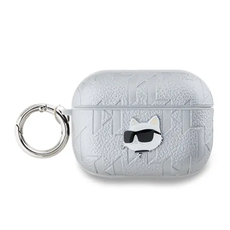 Karl Lagerfeld PU Embossed Choupette Head Pouzdro pro Apple AirPods Pro 2 stříbrná