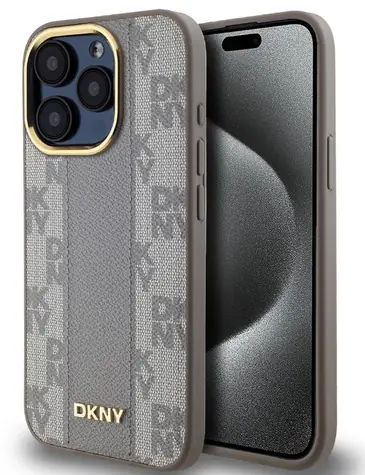 DKNY PU Leather Checkered Pattern Magsafe Zadní Kryt pro Apple iPhone 15 Pro Max béžová