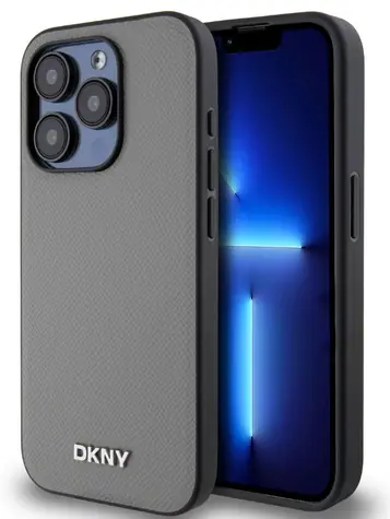 DKNY PU Leather Silver Metal Logo Magsafe Zadní Kryt pro Apple iPhone 15 Pro Max šedá