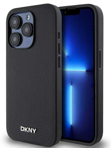 DKNY PU Leather Silver Metal Logo Magsafe Zadní Kryt pro Apple iPhone 15 Pro Max černá