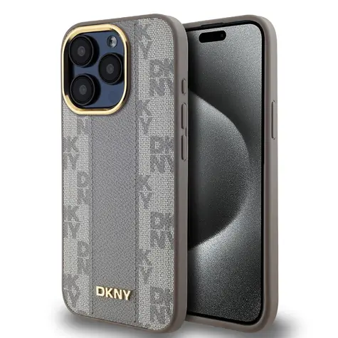 DKNY PU Leather Checkered Pattern Magsafe Zadní Kryt pro Apple iPhone 15 Pro béžová