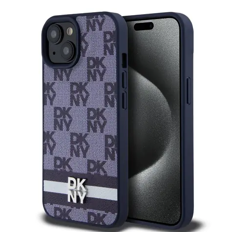 DKNY PU Leather Checkered Pattern and Stripe Zadní Kryt pro Apple iPhone 15 modrá