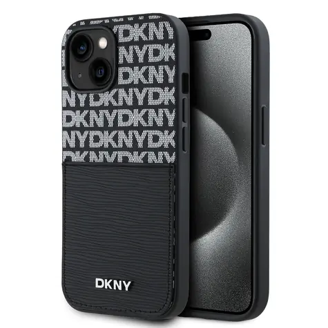 DKNY PU Leather Repeat Pattern Card Pocket Zadní Kryt pro Apple iPhone 14 černá