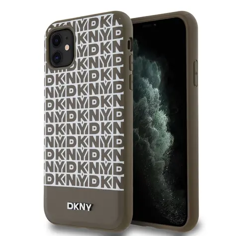 DKNY PU Leather Repeat Pattern Bottom Stripe MagSafe Zadní Kryt pro Apple iPhone 11 hnědá
