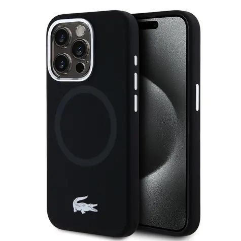 Lacoste Liquid Silicone Microfiber Silver Croc Logo MagSafe Zadní Kryt pro Apple iPhone 15 Pro černá